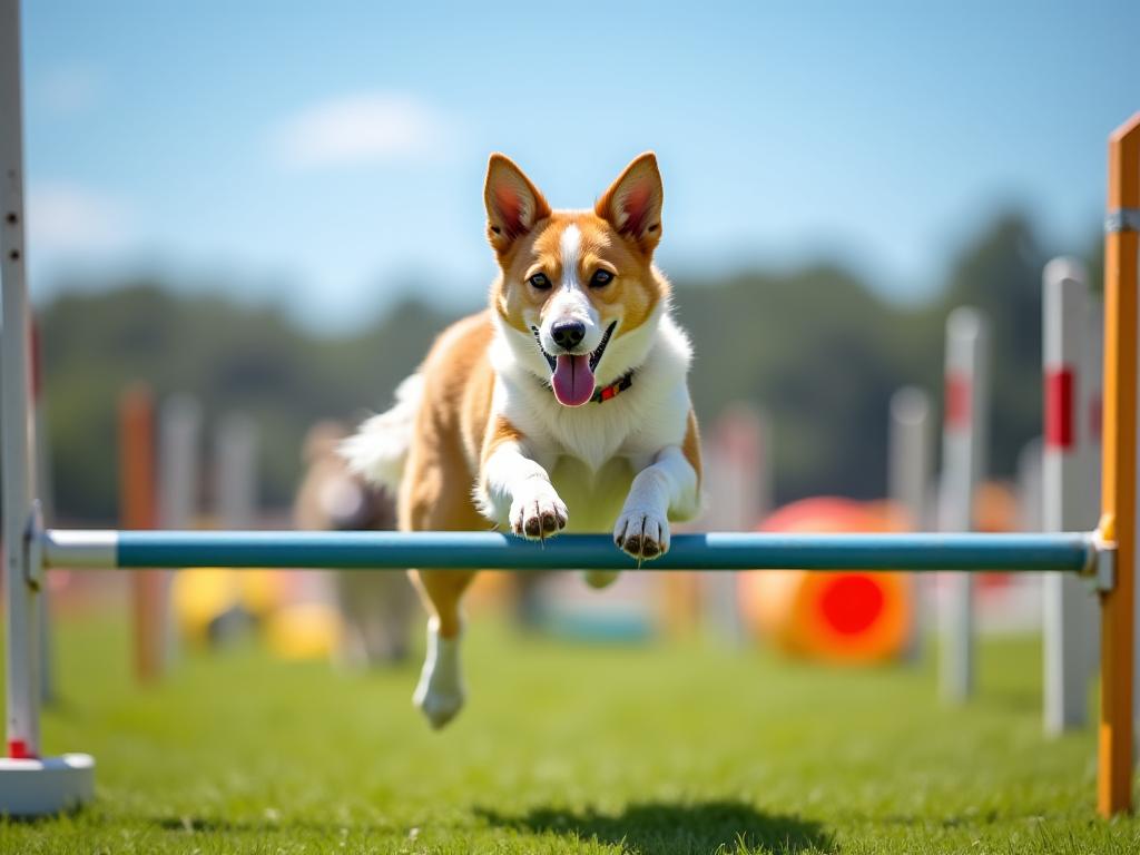 Dog jumping over a bar in an agility course.