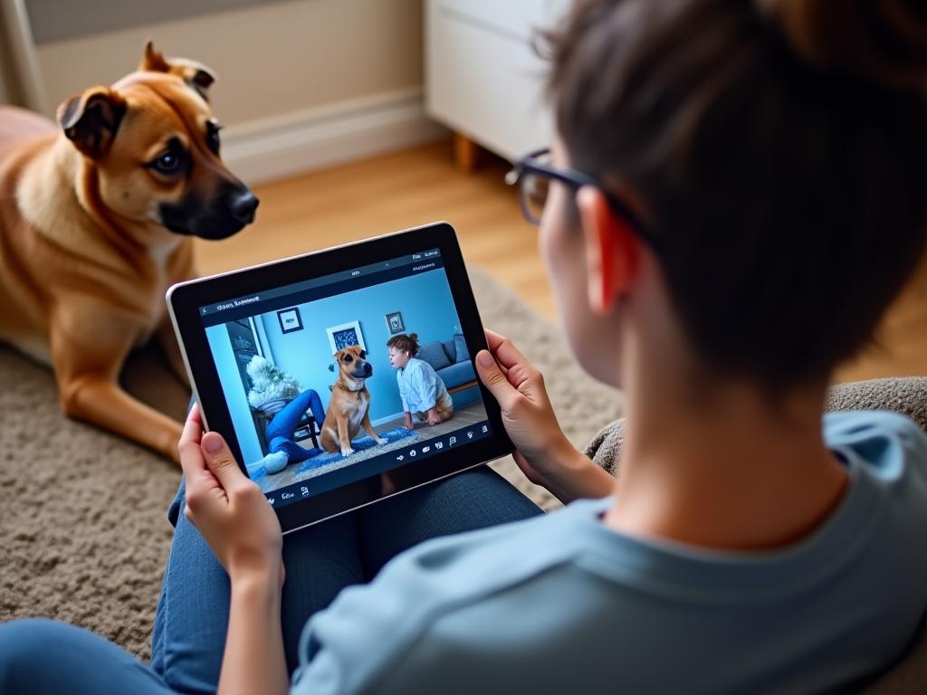 Dog owner watching online training videos on a tablet.