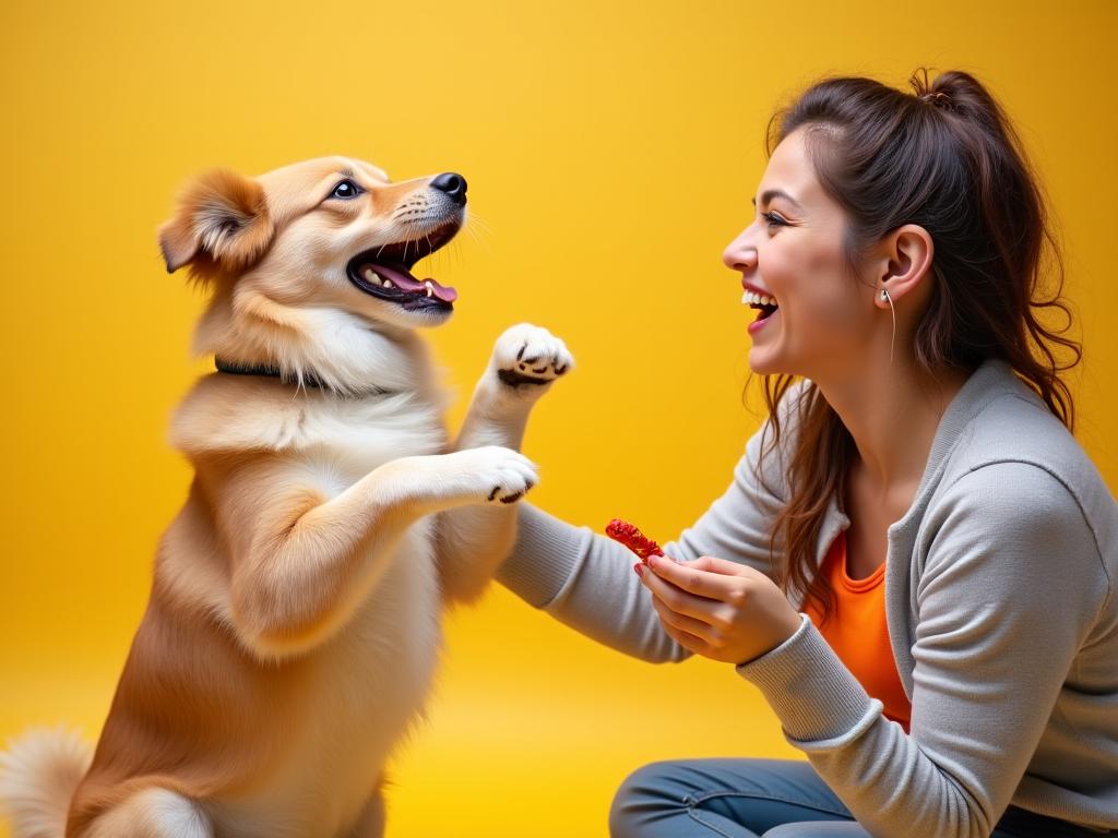 Owner teaching a dog to spin using a fun trick reward system.
