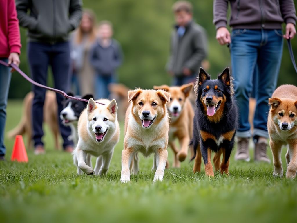 Obedience training session with multiple dogs.