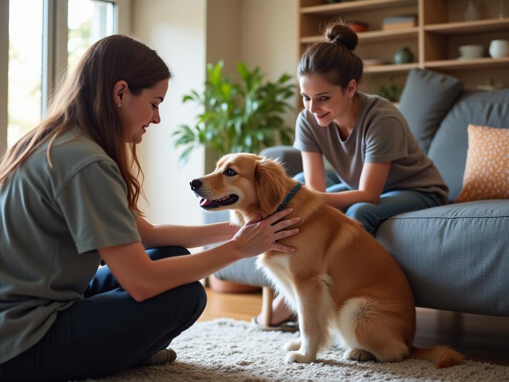 Dog trainer working with a pet owner inside a home environment.