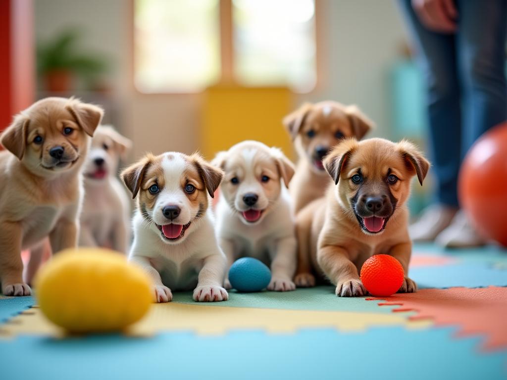 Happy puppies interacting in a supervised group setting.