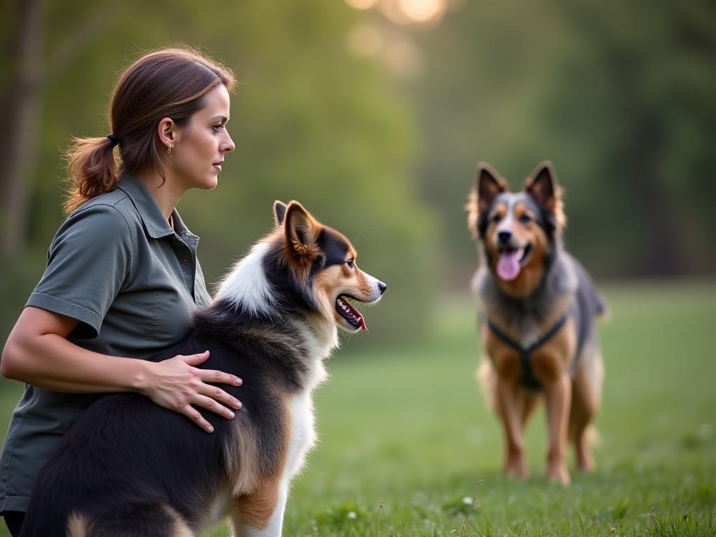 Trainer helping a nervous dog overcome a fear trigger.