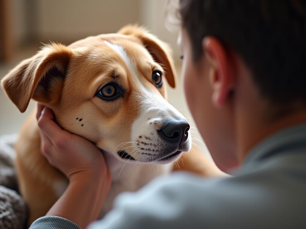 A rescue dog being guided through basic trust exercises.